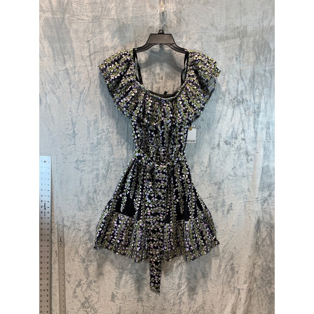 Kensie Floral Embroidered Mesh Dress Purple Green Black Ruffle KDUN3665 Size 4